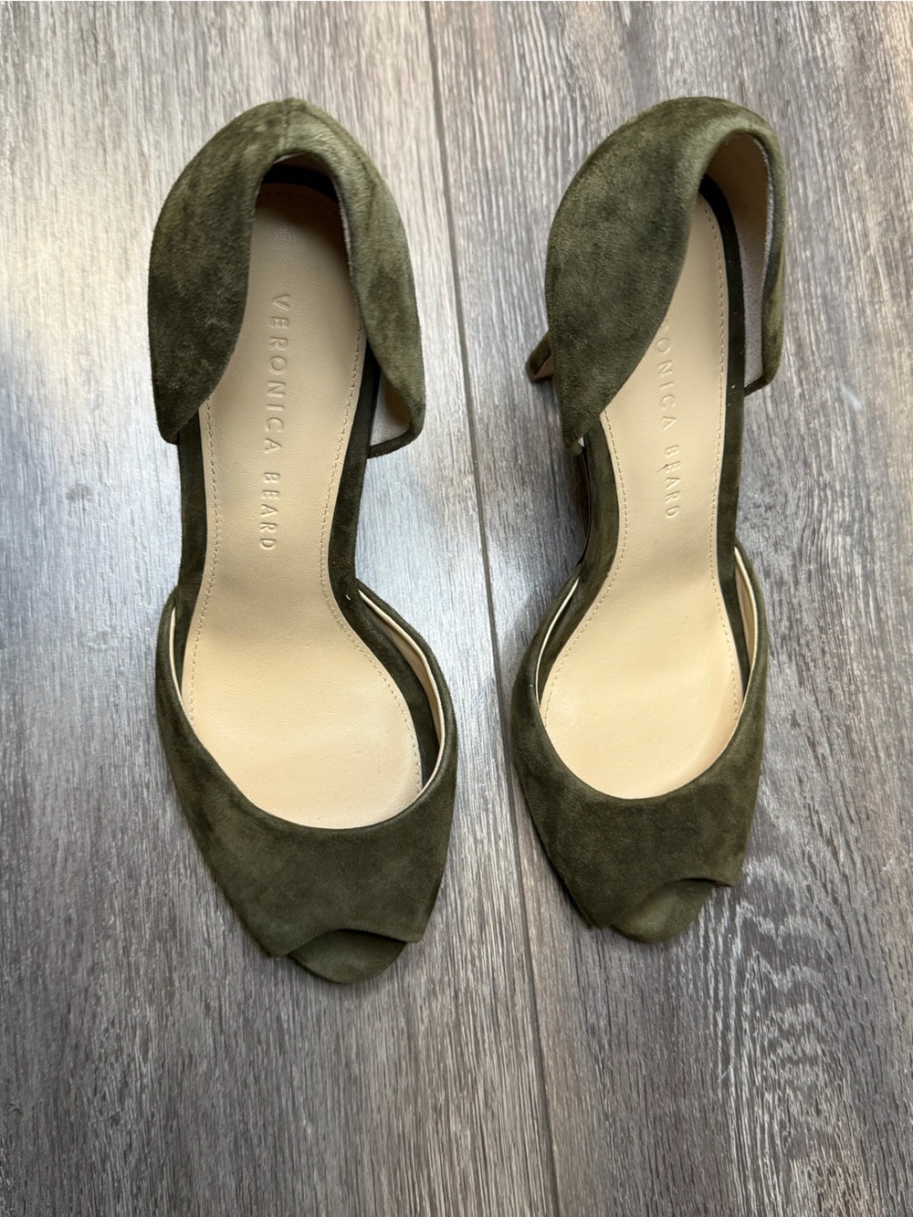Veronica Beard Gadot Peep-Toe Pumps Olive Suede Size 8